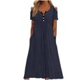 thumbnail image 2 of Pisexur Robe à Manches Courtes à Col Rond pour Femme Été Confort Mode Couleur Unie Bouton Ajouré Poche Robe à Manches Courtes à Col Rond Robe Femme, 2 of 6