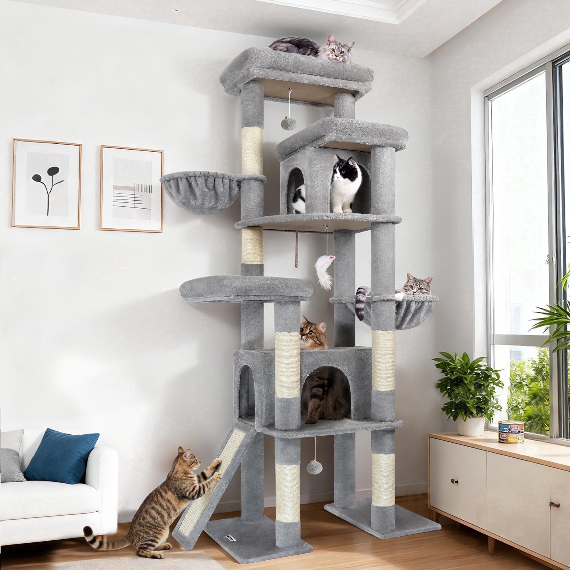 Globlazer 78" Multi-Level Large Cat Tree and Tower Condo for Indoor Cats with Sisal Scratching Posts, Condos, Hammock & Hammock,Light Grey