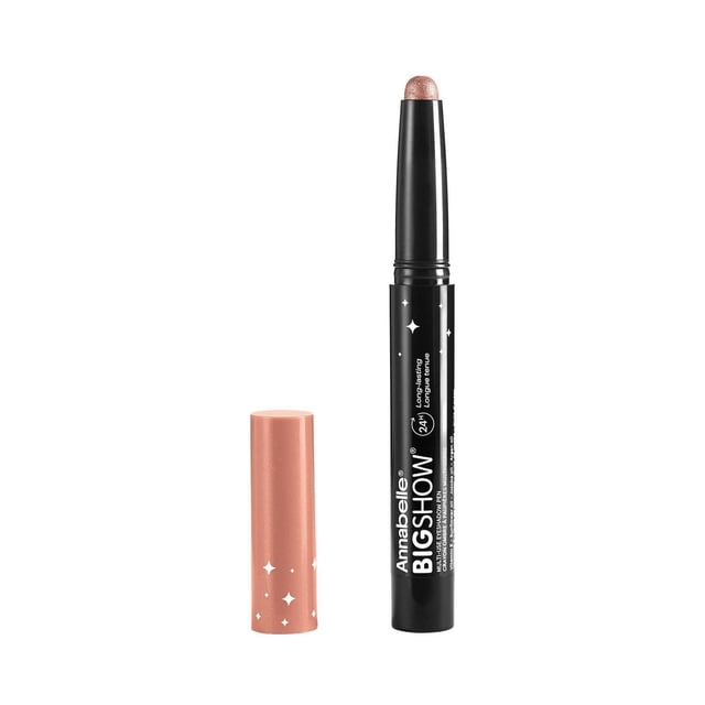 Bigshow Multi-Use Eyeshadow Pen by Annabelle with cap removed, showing a creamy rose gold shimmer shadow stick in a black twist-up tube with white branding and star accents, designed for long-lasting, waterproof eye makeup and easy blending.