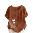 thumbnail image 1 of Pisexur Hauts pour Femmes Décontractés en Lin Col Rond Grande Taille Imprimé Manches Courtes T-shirt Blouse, Hauts d'Été pour Femmes Café,L, 1 of 5
