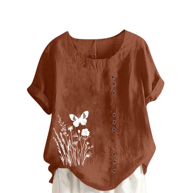 Pisexur Hauts pour Femmes Décontractés en Lin Col Rond Grande Taille Imprimé Manches Courtes T-shirt Blouse, Hauts d'Été pour Femmes Café,L