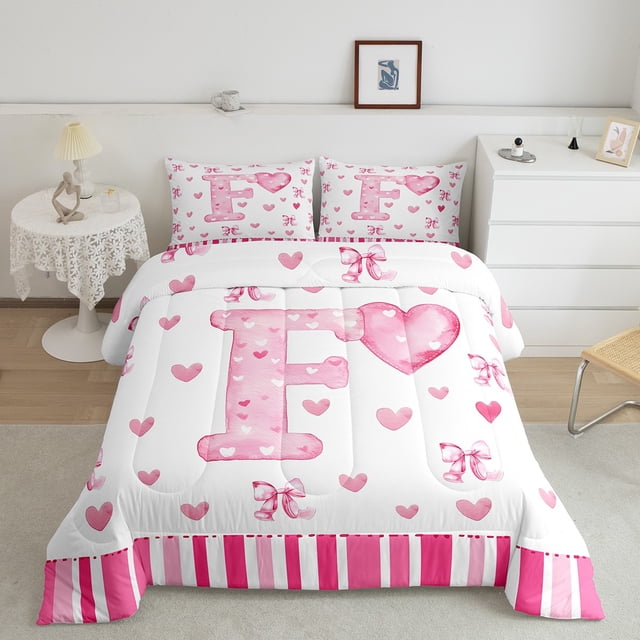 Erosebridal Initial F Letter Bedding King Comforter Set, Pink Heart Bow-tie Down Comforter, Geometry Decor, Microfiber 3pcs