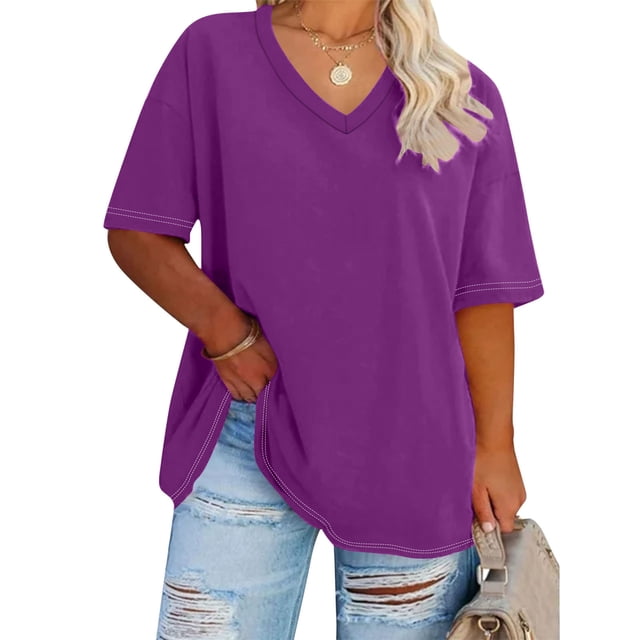 Craaazy T-Shirt à Manches Courtes à Col en V Surdimensionné pour Femmes Grande Taille Coupe Décontractée Blouse d'Été Décontractée Cadeaux