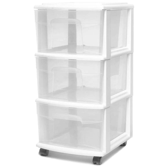 HOMZ Drawer Tower, 3-Tier Clear Plastic Rolling Storage Cart, Removable Wheels, White