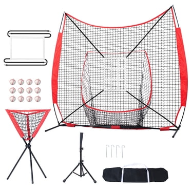 KFFKFF Filet 7x7 Pi pour Exercices de Baseball et de Softball, Maille d'Entraînement Mobile pour Frapper, Attraper et Lancer, Équipement de Backstop avec Structure en Arc, Sac de Transport, Zone Cible, 12 Sphères