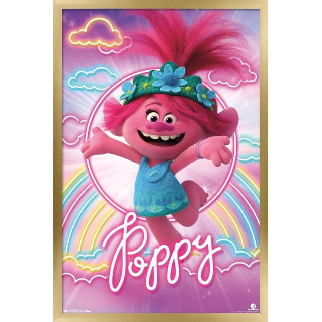 DreamWorks Trolls 2 - Poppy Wall Poster, 22.375" x 34" Framed featuring a front-facing Poppy with bright pink hair and a green floral headband, wearing a blue dress. The neon-style rainbow and cloud background highlights this framed wall art, perfect for colorful room decor in bedrooms or kids' rooms.