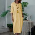 thumbnail image 2 of Ersazi Robe Décontractée pour Femmes, Printemps, Couleur Unie, Manches Trois-Quarts, Col Rond, Coupe Ample, avec Poches, en Liquidation, Jaune, TTG, 2 of 8