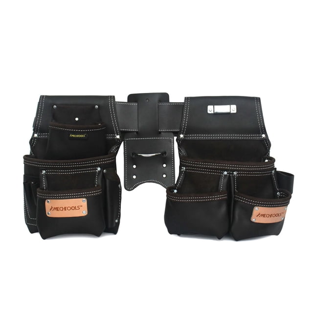 MECHTOOLS oil tanned leather tool rig with multiple pockets and reinforced white stitching, featuring rust-resistant metal hammer and tape holders, designed for tool storage and organization, fitting waists up to 50 inches, ideal for carpenters and construction workers.