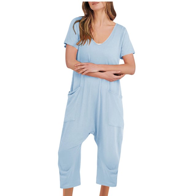 Birdeem Combinaisons pour Femmes Mode Femmes Combinaison Décontractée à Manches Courtes Combinaisons Solides Pantalon à Jambes Larges