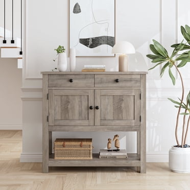 Homfa Table Console Style Ferme avec 2 Tiroirs et Portes, Table de Sofa avec Armoire de Rangement et Tablette Ouverte pour Salon et Entrée, Gris