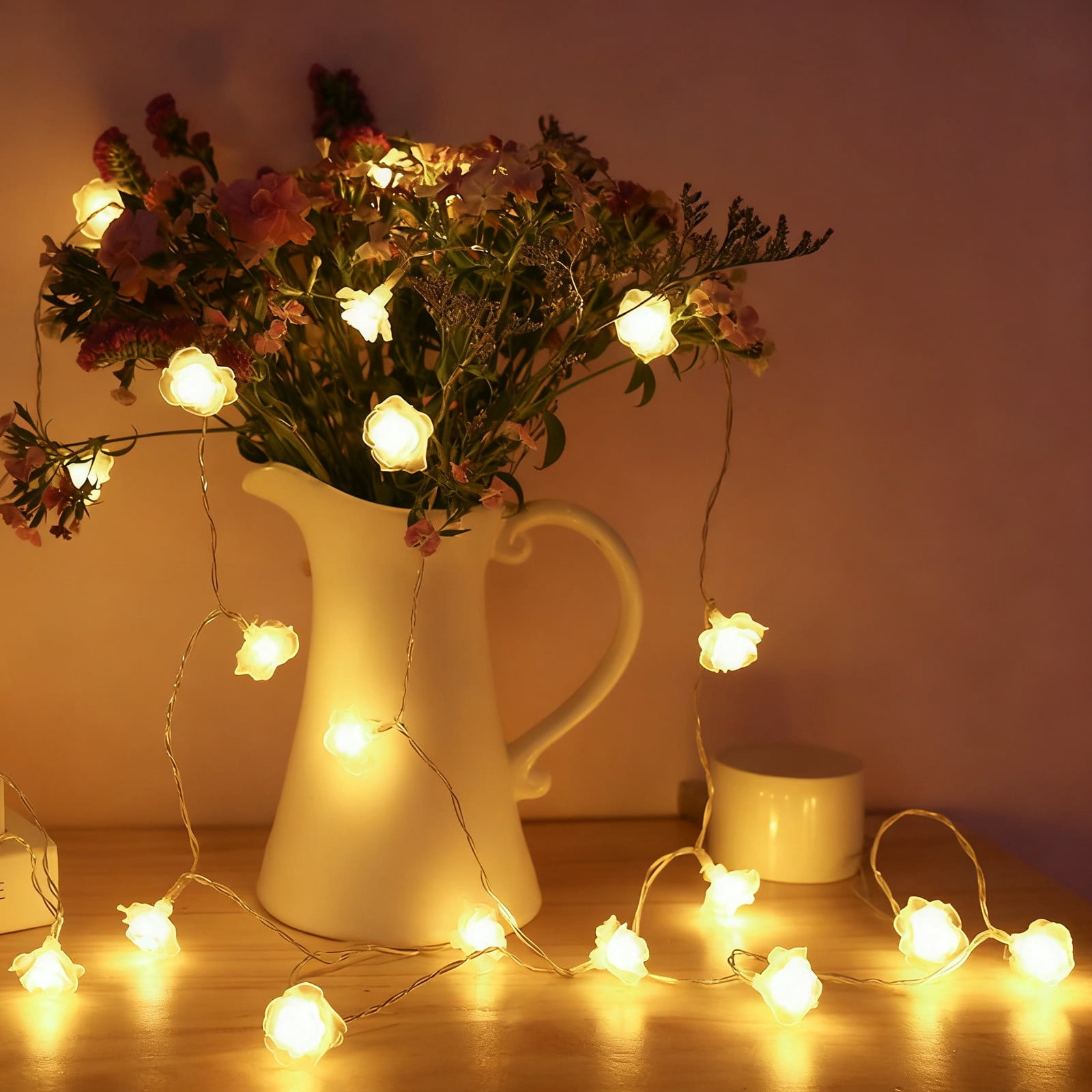 Rose Led String Lights with Battery Box for Indoor Wedding Decoration | Soft Glow Ambient Lighting for Home, Party, and Romantic Events | Flexible Pvc Vine for Table, Wall, or Shelf Decor