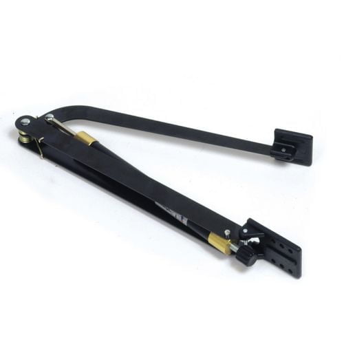 RION Automatic Roof Vent Opener shown in a close-up angled view, featuring a black metal arm with brass cylinder and adjustment knob, designed to automatically open and close roof vents on RION greenhouses for ventilation and temperature regulation.