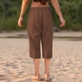 thumbnail image 3 of Bocqde Womens Capri Pants Cotton Linen Elastic Waisted Drawstring Casual Cropped Trousers with Pockets, 3 of 5