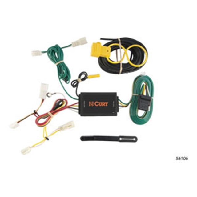 Curt Manufacturing CUR56106 2011-2016 Sienna T-Connector, a multicolour automotive electrical component designed for Toyota Sienna models from 2011 to 2016. Features a plug-and-play design for connecting tail lights, brake lights, and turn signals via a 4-way flat socket. Includes a powered 3-wire to 2-wire tail light converter, SMT circuitry for enhanced durability, and a dust cover for protection. Weighs 1.63 lbs.