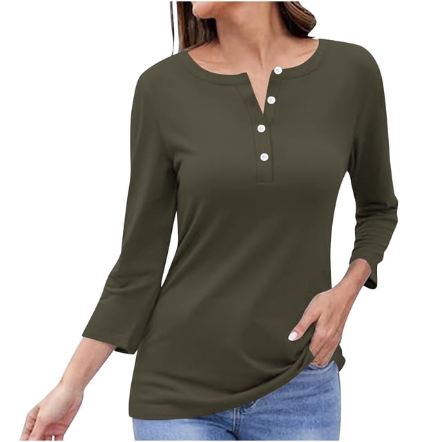 Timegard Tops for Women Long Sleeve Notched V-Neck Button Shirts Solid Color Fall Casual Loose Comfy Tops