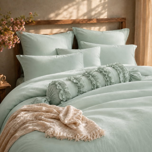 Swift Home Ultra-Soft Prewashed Wrinkle Texture Duvet Cover Set, Solid, Dusty Mint, Queen