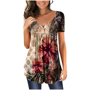 Tuniques pour Femmes à Manches Courtes Mode pour Femmes Col en V Tuniques à Imprimé Floral Boutons T-shirt à Manches Courtes