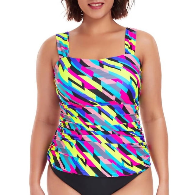 RELLECIGA Haut de Tankini Bandeau Froncé pour Femmes, Maillots de Bain Présentant un Motif Géométrique Multicolore vibrant. le Tankini a un design de Torse Froncé Qui Met en Valeur les Courbes et Offre une Coupe Flatteuse. Il Comprend des Bonnets Moulés avec un Rembourrage Doux Non Amovible pour le Soutien et des Bretelles Larges Ajustables pour un Ajustement Personnalisable. Fabriqué en Tissu Doux et Confortable, Ce Haut de Bain Offre une Couvrance Modeste et Est Idéal pour Diverses Formes de Corps.