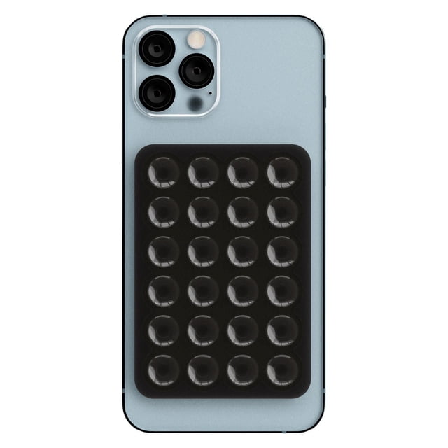 Blu Element Universal PhoneSquid Phone Holder suction mount in black attached to the back of a light blue smartphone, featuring 30 clear double-sided suction cups in a 5x6 grid, ideal for hands-free use on smooth surfaces and suitable for multitasking or video calls.