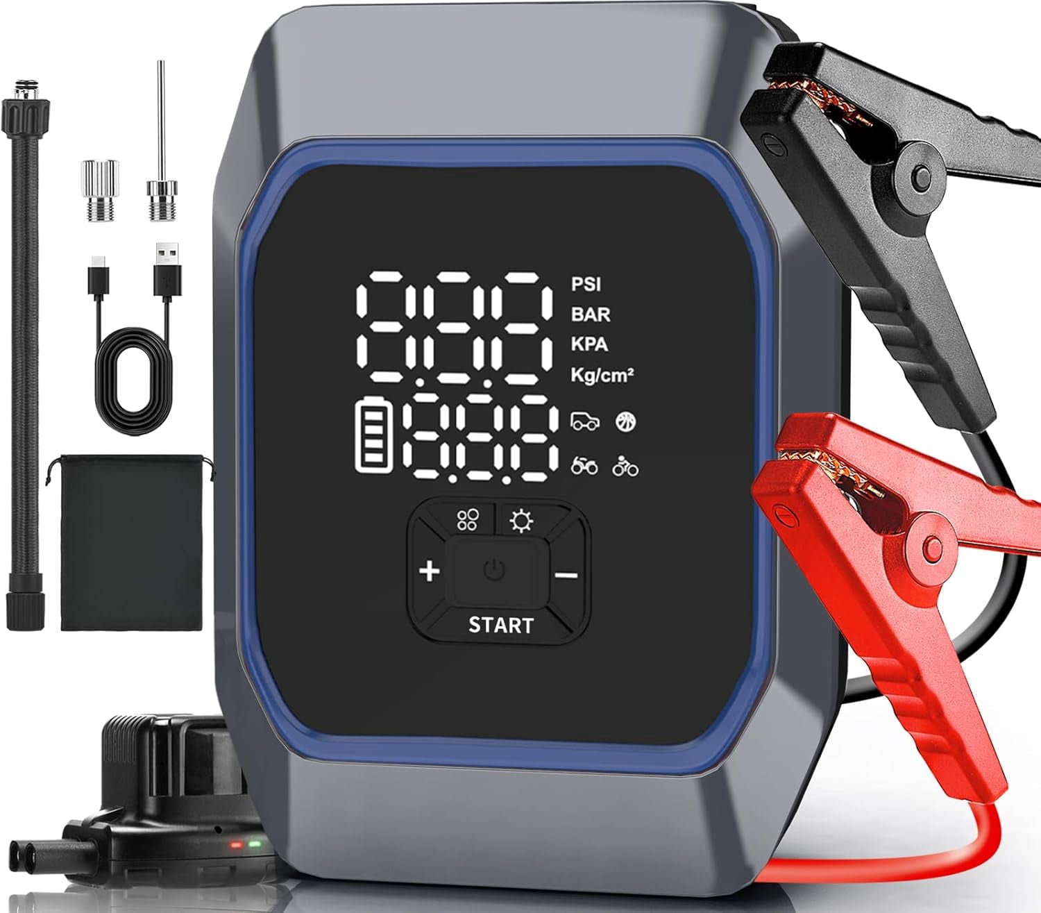 Iiluee Jump Starter with Air Compressor, Portable Car Battery 12v Jump Starter Battery Pack (8.5 Gas/8.0L Diesel) with LED Display, Emergency Light, Power Bank