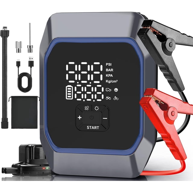 Iiluee Jump Starter with Air Compressor, Portable Car Battery 12v Jump Starter Battery Pack (8.5 Gas/8.0L Diesel) with LED Display, Emergency Light, Power Bank