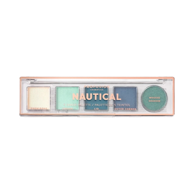 PROFUSION COSMETICS 5 Shade Eyeshadow Palette Nautical with cream, mint green, navy blue, dark teal, and mousse shadow shades in a slim clear rectangular case with rose gold lettering, ideal for travel and versatile day-to-night makeup looks.