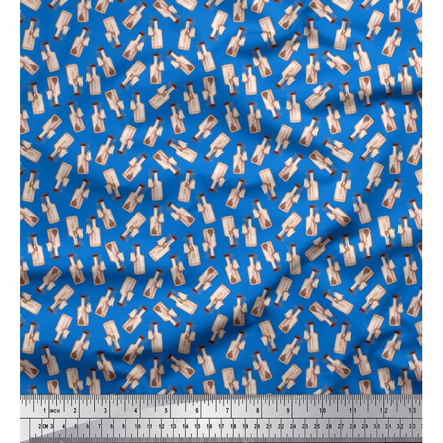 Soimoi Blue Poly Georgette Fabric Hedgehog & Bottle Artistic Decor Fabric Printed Yard 52 Inch Wide
