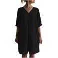 thumbnail image 1 of QIPOPIQ Robe Fumée à Volants pour Femmes Dresses Manches Courtes Ample Décontractée Dresses Col en V Robe d'Été Unie Dresses Offres 2023, 1 of 9