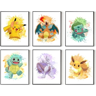 Impressions d'Art Mural Aquarelle Pokemon sur Toile – Ensemble de 6 Affiches – Déco Murale sur Toile pour Chambre d'Enfant, Chambre de Bébé Ou Salle de Jeux 8x10 Pouces Sans Cadre
