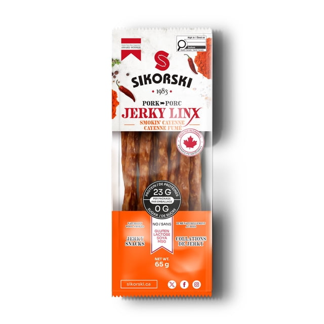 Sikorski Jerky LinX Pork Smokin' Cayenne Jerky Snacks 65 g package featuring twisted pork jerky sticks visible through a clear window. The white and orange packaging highlights 23g protein, 0g sugar, Canadian-made quality, and absence of gluten, lactose, soya, and MSG, suitable for high-protein snacking.