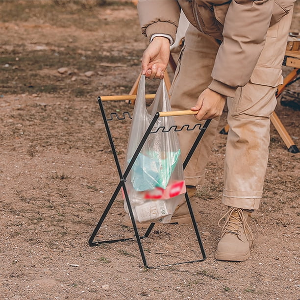 Foldable Metal Trash Bag Holder for Outdoor Camping with Wooden