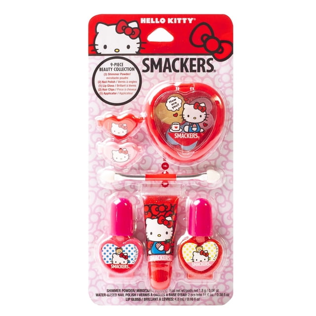 LIP SMACKER COLOR COLLECTION - HELLO KITTY Trousse de Maquillage 9 Pcs avec une palette de Poudre Scintillante en Forme de Cœur, Deux Vernis à Ongles à Embout Rose, tube de Brillant à Lèvres, Deux Pinces à Cheveux HELLO KITTY et Applicateur à Double Extrémité sur une Carte à Motif Rose.