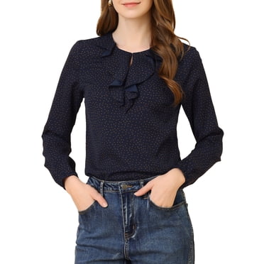 INSPIRE CHIC Women's Halloween Ruffle Neck Long Sleeve Blouse Shirts XS Dark Blue