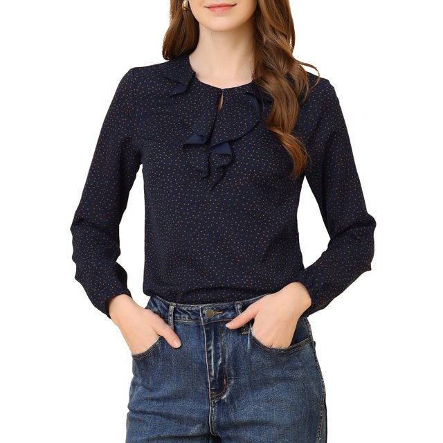 INSPIRE CHIC Blouse Chemise à Manches Longues à Col à Volants pour Femmes, Rentrée Scolaire, Saint-Valentin, TP Bleu Foncé