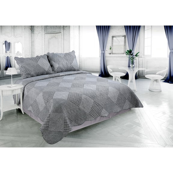 Marina Decoration Rich Printed Stitching Coverlet Bedspread Ultra Soft Summer Bedding Quilt Set with Quilted Sham, Grey Modern Grid and Stripes Plaid Pattern