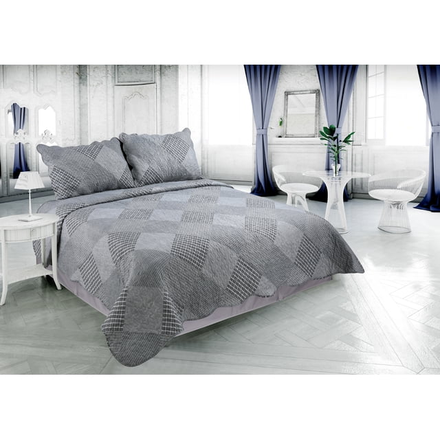 Marina Decoration Rich Printed Stitching Coverlet Bedspread Ultra Soft Summer Bedding Quilt Set with Quilted Sham in grey modern grid and stripes plaid pattern on a bed with matching pillow shams in a bright room with white walls, blue curtains, and white wireframe chairs and table, designed for all-season use and easy machine washing.