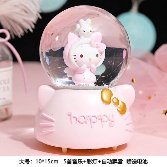 Kawaii Pink Hello Kitty Snowflake Music Box Crystal Ball Bedroom Bedside Glow Ornament Decorate Girl Child Student Birthday Gift