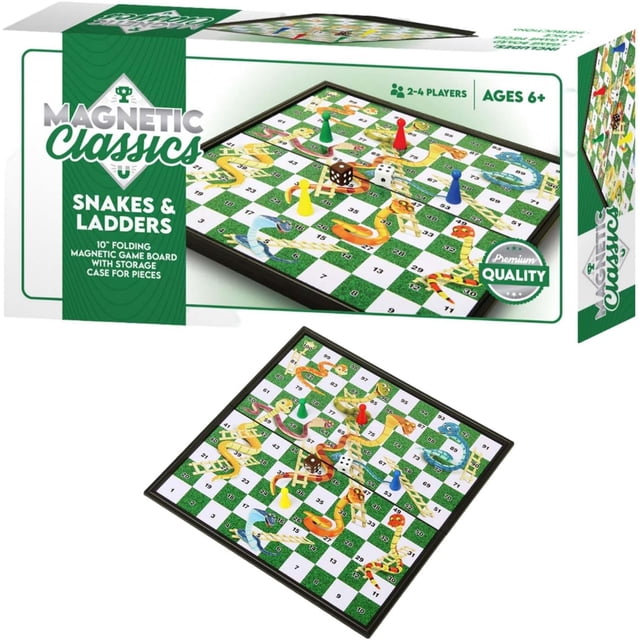 Tradeopia Magnetic Classics – 10 Inch Magnetic Snakes & Ladders board game with a folding magnetic 10-inch square board featuring a green and white checkered grid, colorful snakes and ladders, and magnetic game pieces in red, yellow, blue, and green for 2 to 4 players ages 6 and up, shown with two dice and a storage case on the box, ideal for family game nights and travel.