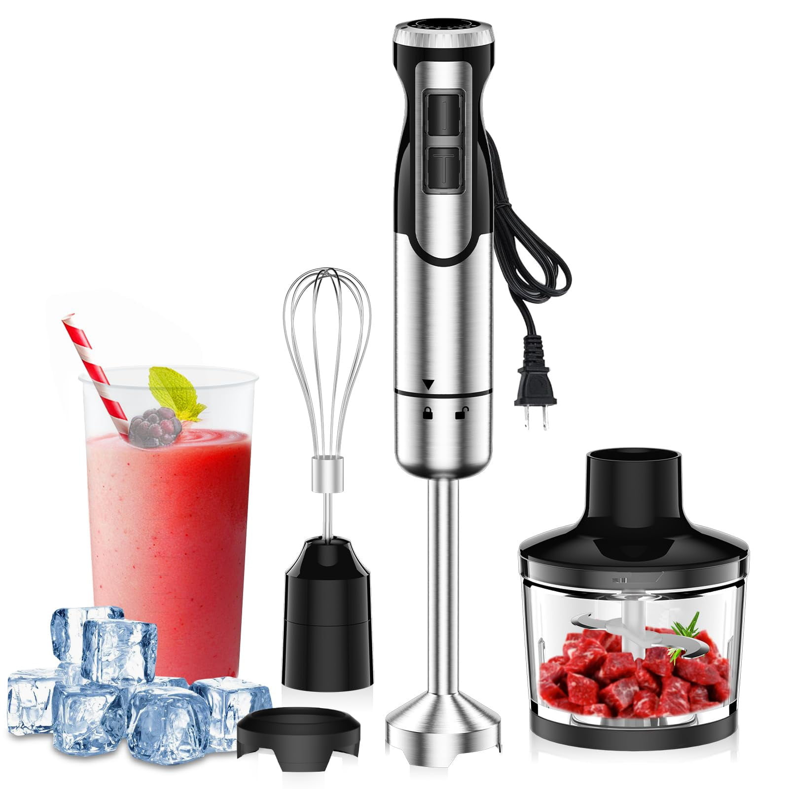 Colarlemo 1800W Immersion Blender Handheld 4-in-1 Hand Blender Stick for Ice Crushing Smoothie, Baby Food, Soup, 8 Speed Hand Mixer Turbo Boost Stain