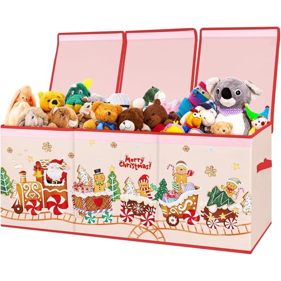 Extra Large Storage Box with Flip Lid,Collapsible Oxford Storage Organizer with Handles,Sturdy Waterproof Storage Chest for Bedroom,37.8''×12.6''×15.7''(Christmas Train)