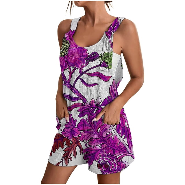 Pisexur Femmes Casual Grande Taille Combinaison Summer Floral Sans Manches Moulante Sangle Spaghetti Réglable Extensible Shorts une Pièce Combinaisons avec Poches S-3XL