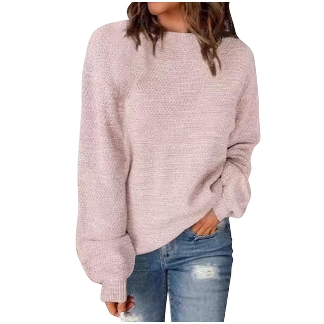 Pisexur Chandail à Col Rond Surdimensionné pour Femme, Uni, Manches Chauve-Souris Bouffantes à Revers, Chandail Tricoté, Haut à Manches Longues, Chandail Ample d'Automne, Chandail, Jumper, Hauts