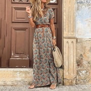 Meichang Women's 2024 Summer Maxi Dress Tunic Elastic Vintage Printed Beach Sundress Casual Warp V Neck Sundresses Short Sleeve Side Split Hem Holiday Dresses