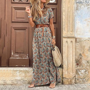 Mefallenssiah Women'S Casual Loose Printed Short Sleeve V-Neck Belt Dress