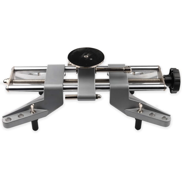 Zackman Scientific Wheel Alignment Clamp Tool designed for use with magnetic alignment camber gauges. The tool features a robust stainless steel construction with adjustable hunter-style rim locating pins, suitable for aluminum and steel wheels ranging from 11 to 25 inches. Includes a chrome-plated universal adapter plate for compatibility with various magnetic camber gauges. The clamp has a rotating knob for easy length adjustments and is ideal for professional 3D wheel alignment setups.