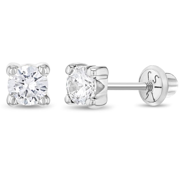 14k White Gold Girl's 4mm Clear Cubic Zirconia Prong Set Solitaire Screw Back earrings. These children's earrings feature a sparkling clear cubic zirconia stone in a four-prong setting, crafted from 14k white gold for sensitive ears. The screw-back design ensures comfort and security, with a 7mm threaded post. Suitable for infants, toddlers, and young girls, these earrings come with a complimentary gift box.