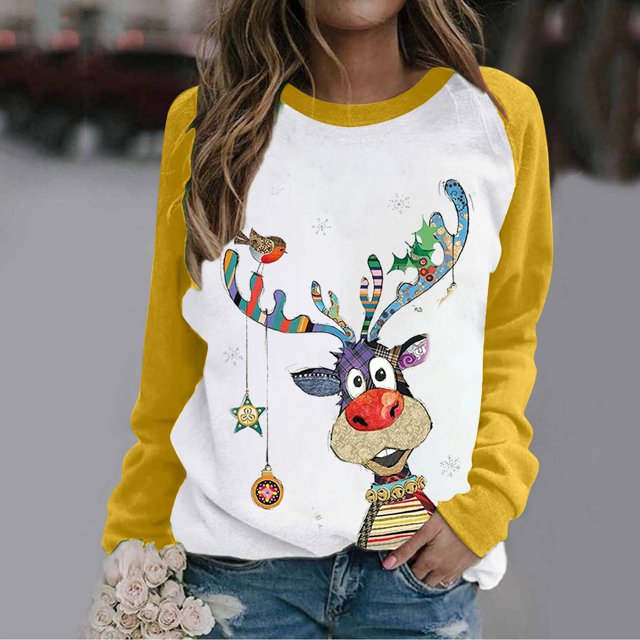 Costumes de Noël en Liquidation Col Rond Mode Décontractée Manches Longues Chandail en Molleton Imprimé de Noël Blouse Grande Taille pour Femmes