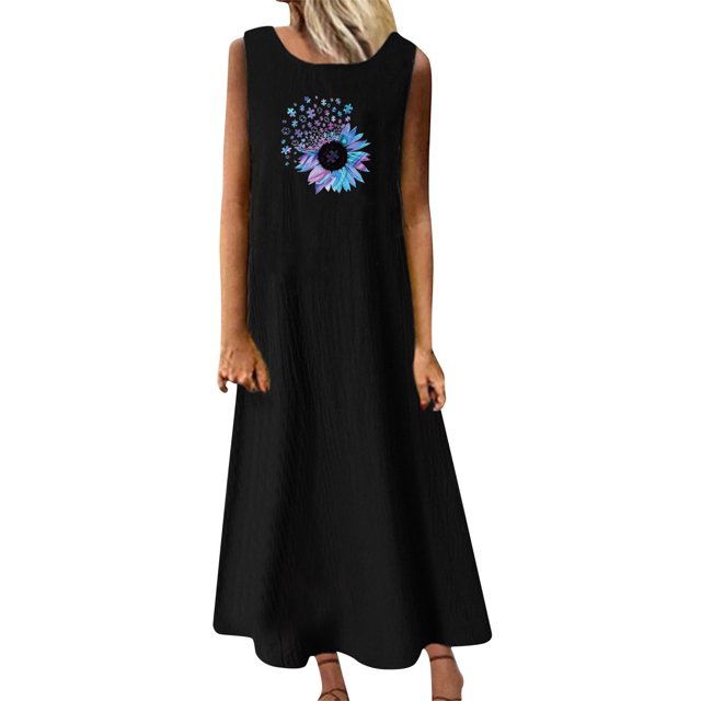 RKSTN Robes pour Femmes 2023 Mode Été Décontracté Col Rond Sans Manches Jupes Maxi Poches Vacances Couleur Unie Plage Longue Robe avec Imprimé Graphique