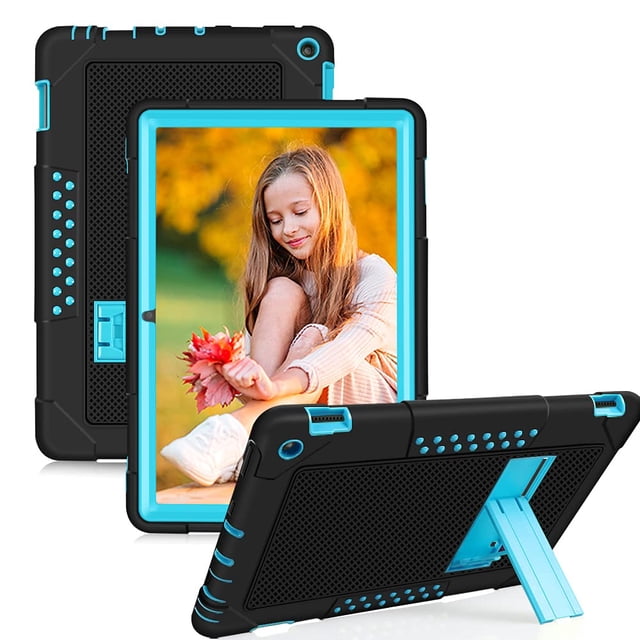 Mignova for Fire HD 10 Case in black and blue, featuring a heavy-duty drop-proof and shock-resistant design. The rugged protective case is compatible with the All-New Amazon Fire HD 10 & Fire HD 10 Plus (11th Generation, 2021 Release). It includes a built-in kickstand for hands-free use, raised lips for screen and camera protection, and precise cutouts for easy access to buttons and ports.