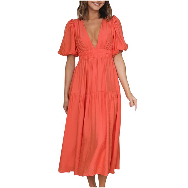 Robes d'Été pour Femmes 2023 à Col en V en Mousseline Boho de Plage Robe Midi Plissée Fluide Évasée à Volants Unie Longue Robe